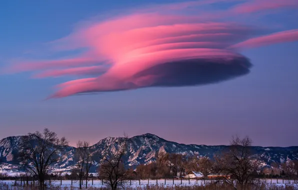 Picture twilight, field, sunset, winter, mountains, snow, dusk, countryside