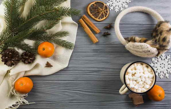 Cup, cinnamon, slices, orange, tangerines, marshmallows