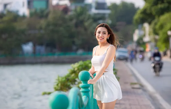 Road, the city, pose, river, model, shorts, portrait, makeup