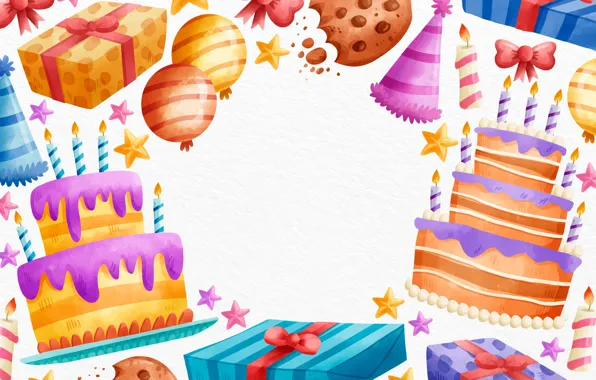 Strips, holiday, figure, candles, cookies, gifts, cake, white background