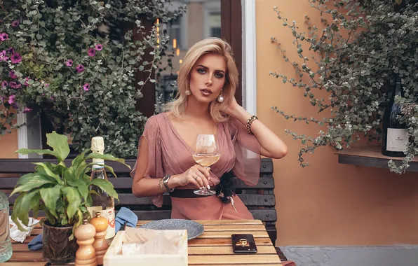 Picture look, girl, flowers, style, wine, model, glass, cafe