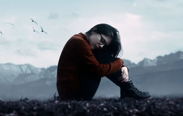 Picture girl, mountains, bird, sleep, glasses, sponge