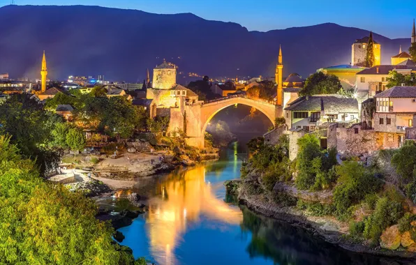 The city, river, the evening, lighting, Bosnia and Herzegovina, reconstruction, Old town, Mostar