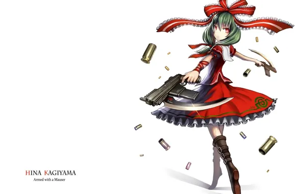 Boots, blade, machine, white background, bow, green hair, sleeve, Touhou Project