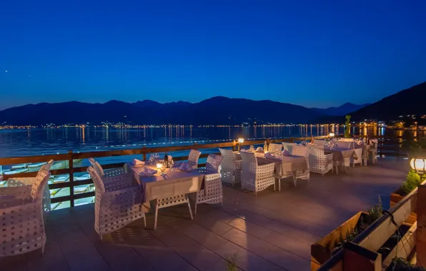 Sea, mountains, the city, lights, coast, the evening, restaurant, the hotel