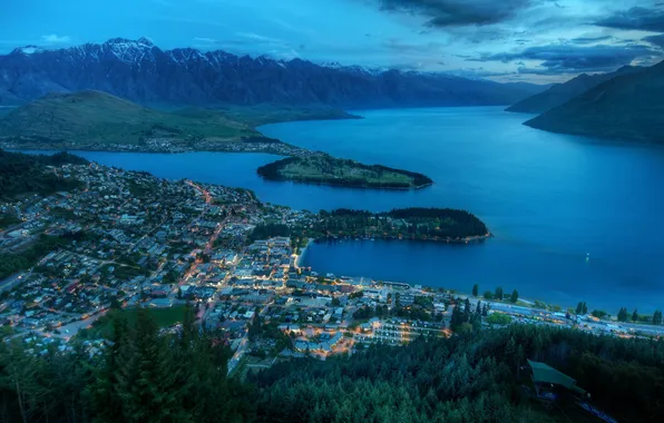 Mountains, the city, lights, lake, hills, the evening, new Zealand, queenstown