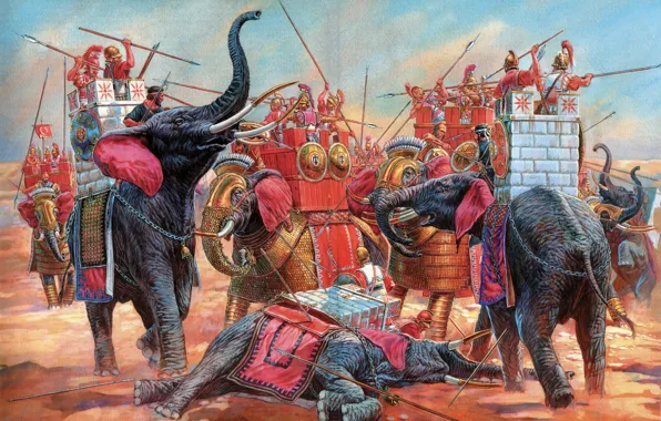 Picture figure, armor, battle, elephants, combat, arrows armed with javelins, wide curb caps, bronze nalobnik