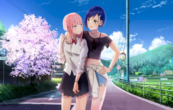 Road, girls, spring, flowering trees, Darling In The Frankxx, Cute in France