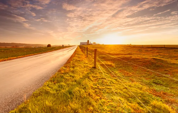Road, field, autumn, the sky, grass, clouds, nature, fence