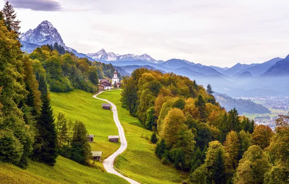Road, autumn, trees, mountains, rocks, home, Germany, valley