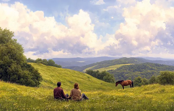 Field, forest, summer, the sky, girl, clouds, mountains, people