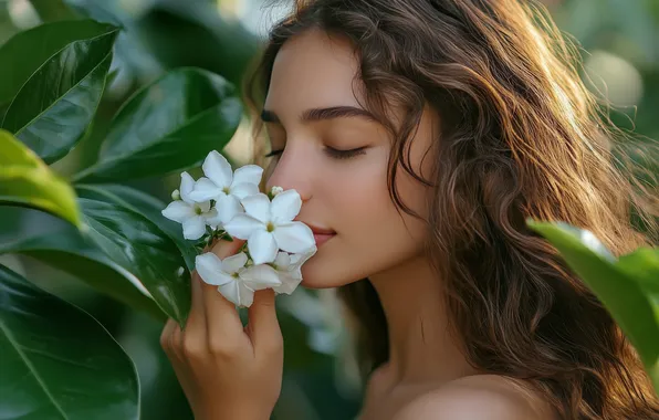 Leaves, girl, flowers, face, hand, portrait, brown hair, white