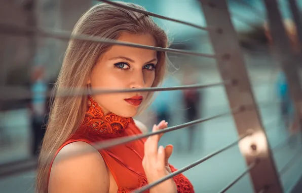 Picture look, portrait, makeup, the fence, hairstyle, blonde, beauty, in red