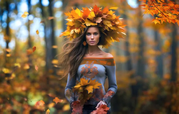 Autumn, forest, leaves, girl, landscape, nature, autumn leaves, autumn landscape