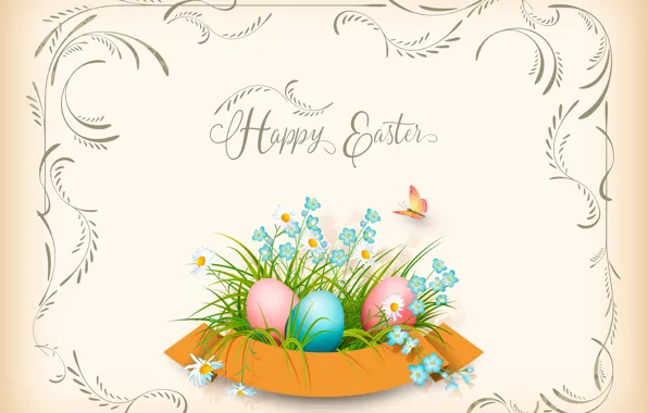 Picture flowers, butterfly, Easter, postcard, eggs
