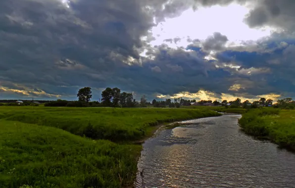 River, village, cloud