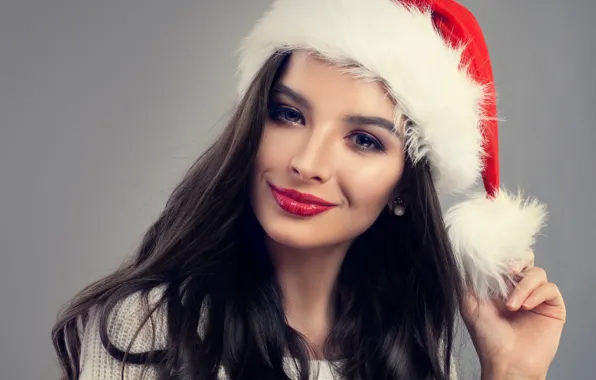 Picture girl, smile, brunette, New year, grey background, cap