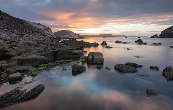 The sky, clouds, light, stones, rocks, shore, dal, morning