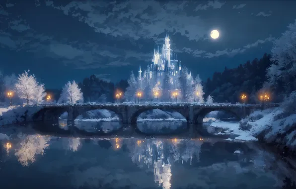 Moon, forest, landscape, bridge, night, winter, lake, painting