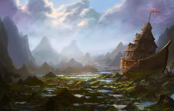 Mountains, house, people, ship, art, stranded