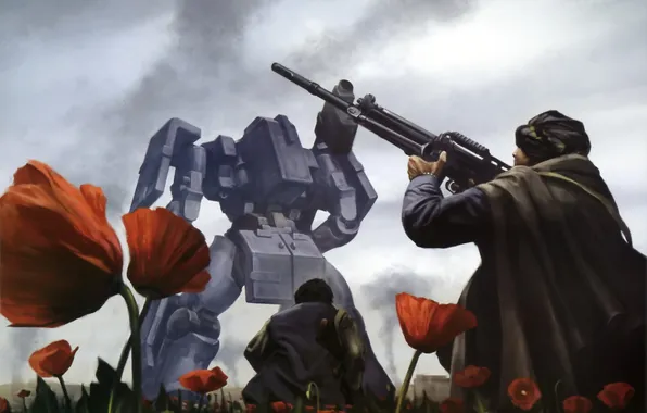 Field, flowers, metal, weapons, people, Maki, robot, fur