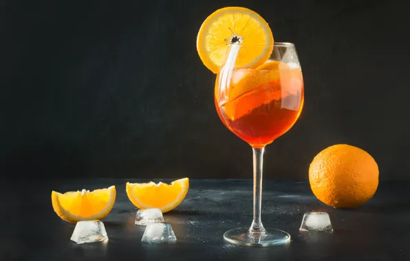 Picture ice, glass, orange, cocktail, drink