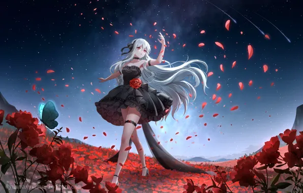 The sky, girl, flowers, night, dancing, shooting stars, by nine