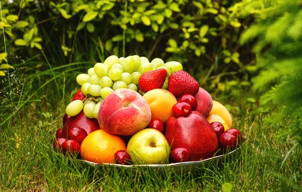 Grass, apples, strawberry, grapes, fruit, peaches, cherry
