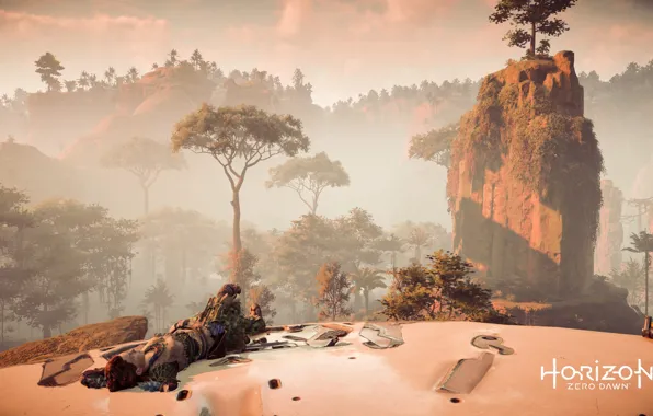 Nature, Girl, Mountains, Robot, Trees, Fur, PS4 Pro, Horizon Zero Dawn