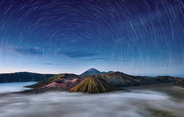Picture the sky, stars, morning, Indonesia, the cycle, Java, volcanic complex-the Caldera TenGer, active volcano Bromo
