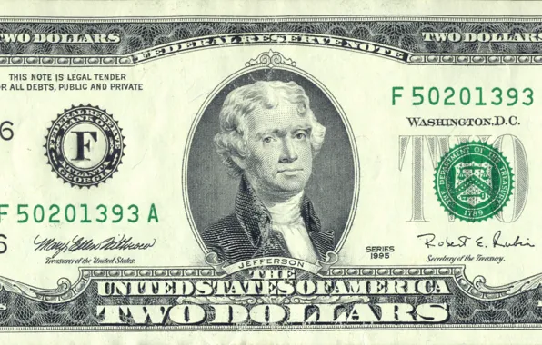 Picture note, two, dollar, federal, Jefferson, legal