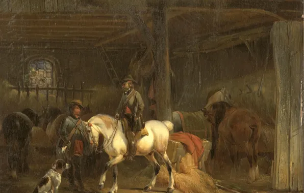 Animals, tree, horse, oil, dog, picture, Joseph Moerenhout, Stable