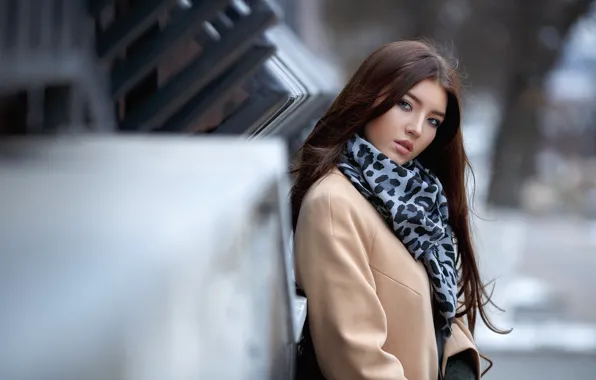 Picture look, girl, portrait, makeup, scarf, hairstyle, brown hair, beautiful