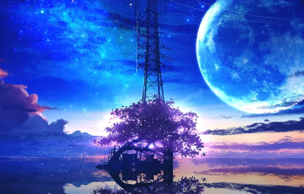 The sky, water, night, The moon, fantasy, flowering tree, structure