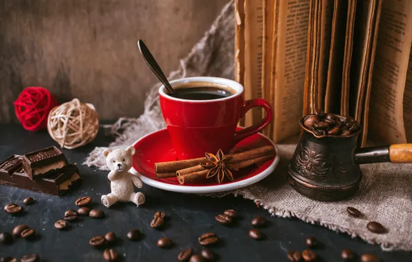 Balls, table, toy, coffee, chocolate, bear, spoon, mug