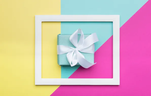 Yellow, background, pink, holiday, box, gift, blue, triangles