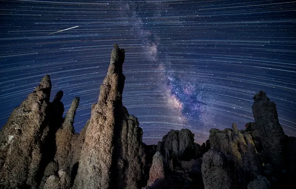The sky, stars, mountains, night, stones, rocks, rotation, The milky way