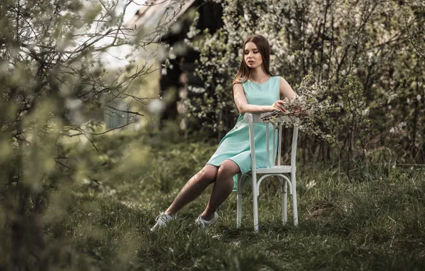 Girl, branches, nature, spring, dress, chair, brown hair, flowering