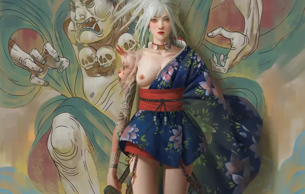 Chest, girl, katana, being, tattoo, kimono, Zeen Chin, My Spirit