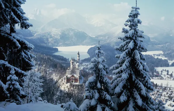 Winter, forest, snow, trees, mountains, castle, town, Neuschwanstein