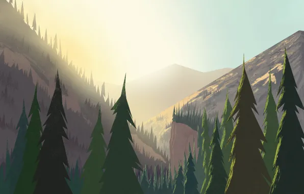 Mountains, Dawn, Landscape, Art, Sunrise, Tree, Trees, Cartoon