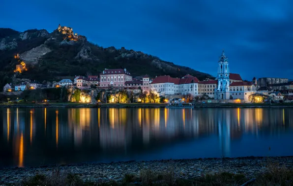 Picture water, landscape, night, lights, reflection, river, stones, shore