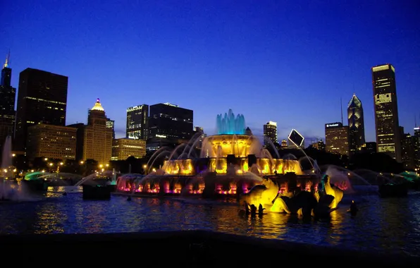 Night, the city, lights, skyscrapers, fountain, Chicago, Chicago