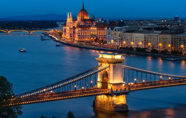 The city, the evening, Parliament, bridges, Hungary, Budapest