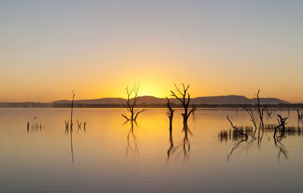 The sky, the sun, light, trees, sunset, mountains, lake, reflection