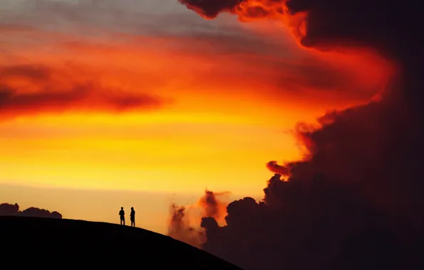 Twilight, nature, sunset, cloud, hill, dusk, men, silhouettes