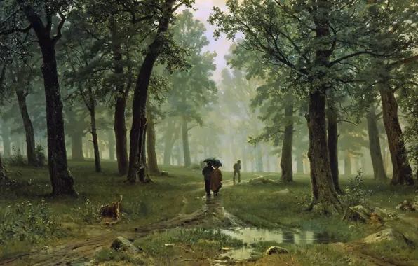 Landscape, people, picture, umbrella, Ivan Shishkin, Rain in an Oak Forest