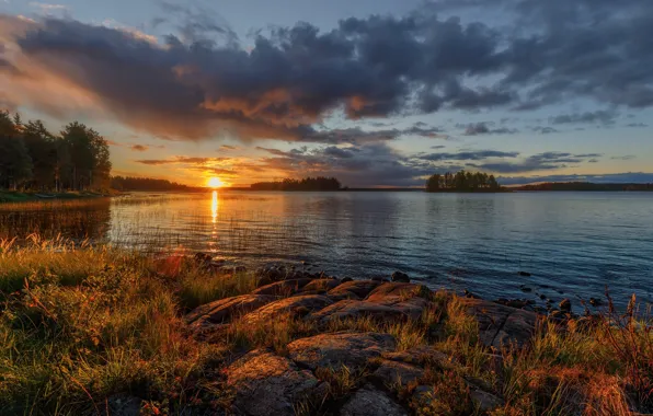 Picture grass, landscape, sunset, nature, lake, stones, shore, Finland