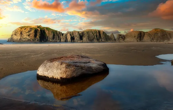 Sand, sea, beach, water, clouds, light, rocks, shore