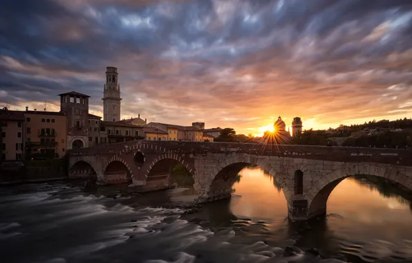 Bridge, river, Verona, Stone Bridge Sunset